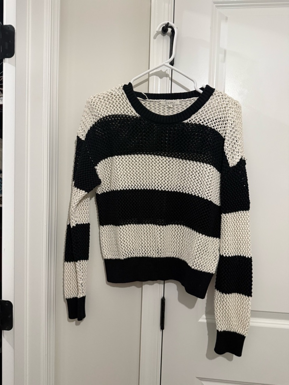 Z Supply Black & White Open-Knit Striped Crewneck Sweater